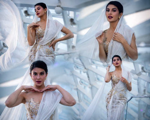 Jacqueline Fernandez Stuns in Ethereal White Couture, Radiates Timeless Bollywood Glamour