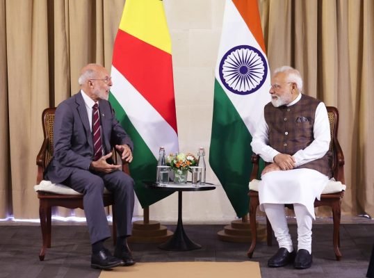 Prime Minister Narendra Modi met Seychelles' Leader of the Opposition, Bernard Georges, during his official visit to the island nation. The two leaders exchanged views on the longstanding India-Seychelles partnership and reaffirmed their shared commi