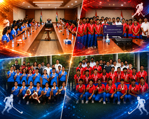Dr Mansukh Mandaviya Felicitates Indian Men’s and Women’s Hockey Teams After U-18 Asia Cup Success