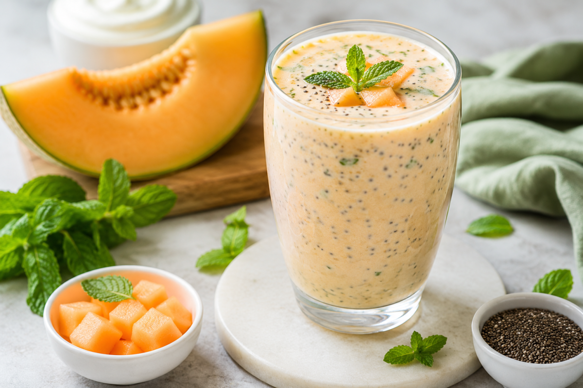 Sugar-Free Muskmelon Mint Lassi with Chia Seeds