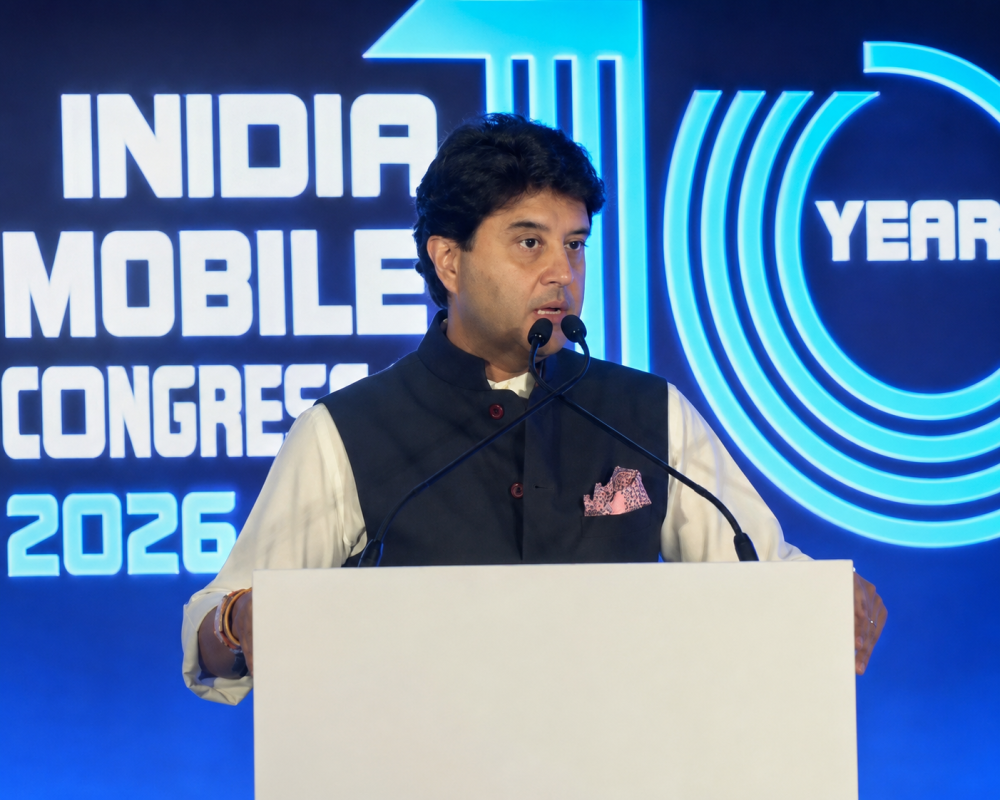 Union Communications Minister Jyotiraditya Scindia speaking at the theme launch of the 10th India Mobile Congress (IMC) 2026 in New Delhi.