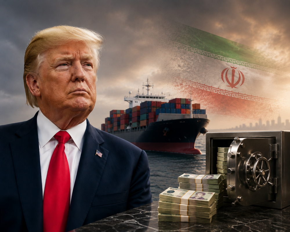 President Donald Trump speaks during a public address after stating that future shipping and cargo damages will be compensated using Iranian funds held under U.S. control.