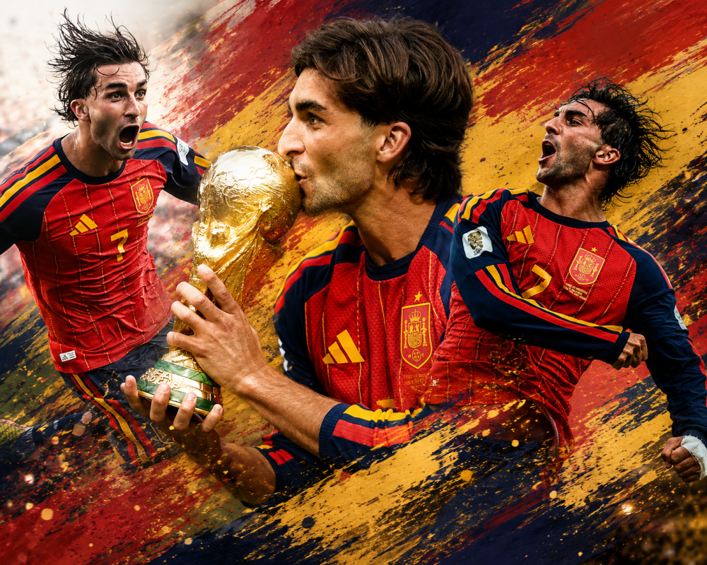 Ferran Torres celebrates after scoring the extra-time winning goal for Spain against Argentina in the FIFA World Cup 2026 Final.