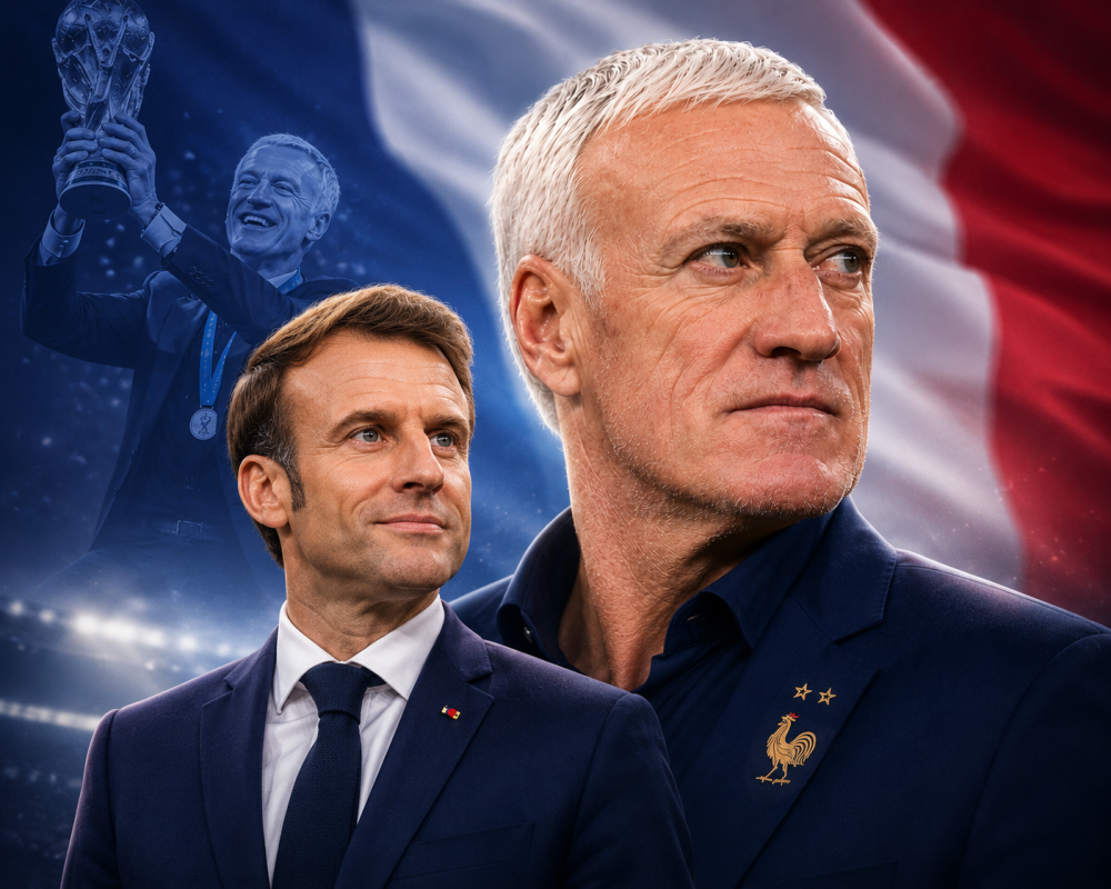 French President Emmanuel Macron pays tribute to France head coach Didier Deschamps after 14 years in charge of Les Bleus.