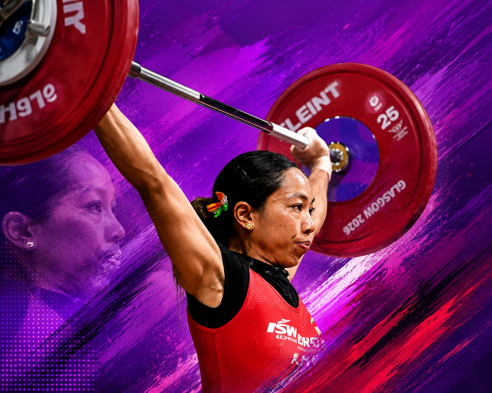 India's Mirabai Chanu celebrates after winning the gold medal in the women's 48kg weightlifting event at the 2026 Commonwealth Games in Glasgow.