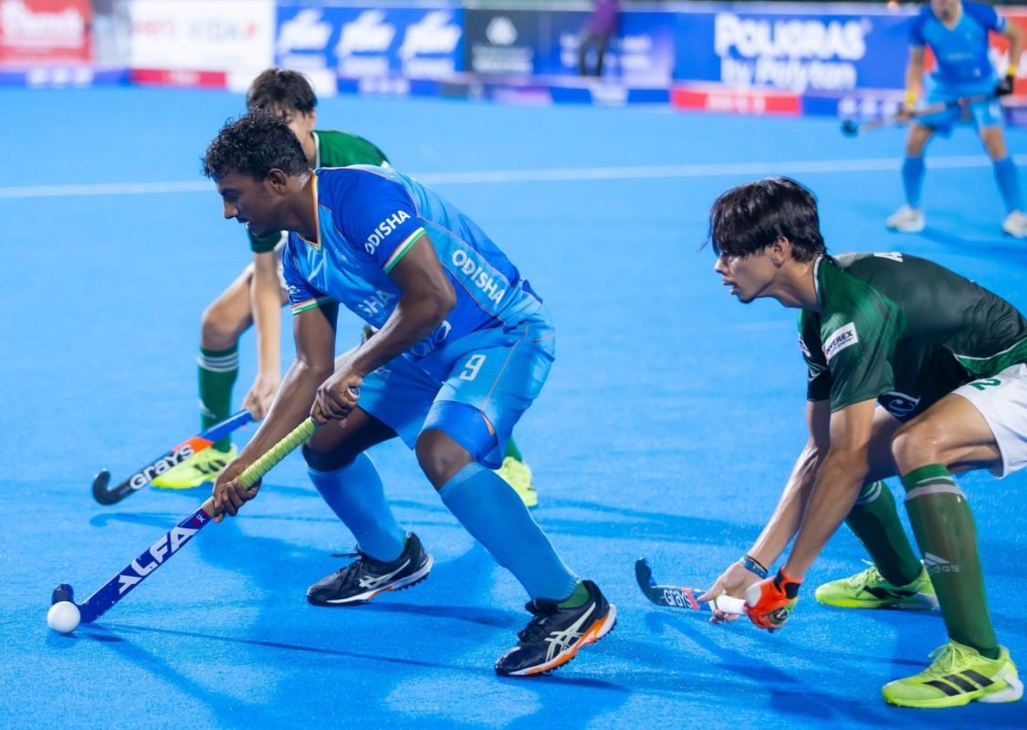India's Sub-Junior Men's Hockey Team celebrates after defeating Pakistan 3-1 to win the FIH Youth Hockey5s Asian Championship 2026 in Muscat.