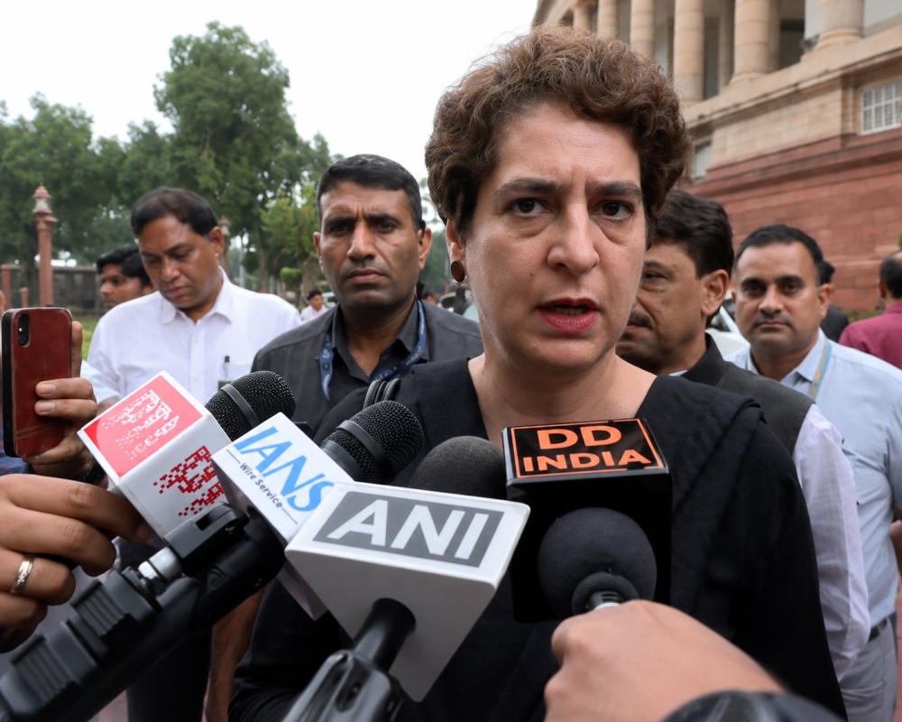 Congress MP Priyanka Gandhi Vadra addressing the media while supporting students' protests and criticizing government policies.