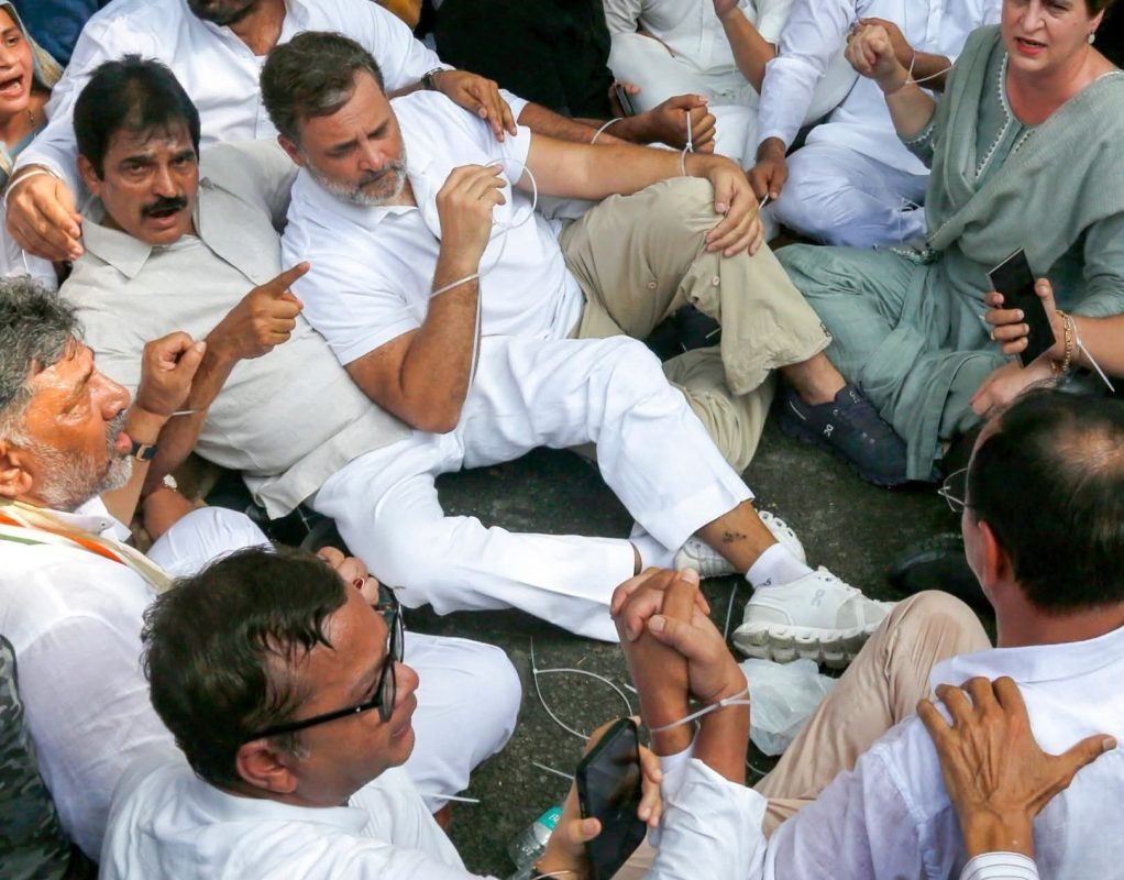 Rahul Gandhi, Mallikarjun Kharge, Priyanka Gandhi Vadra and other Congress leaders stage a sit-in protest outside the Prime Minister's residence in New Delhi over alleged NEET irregularities and police action against students.