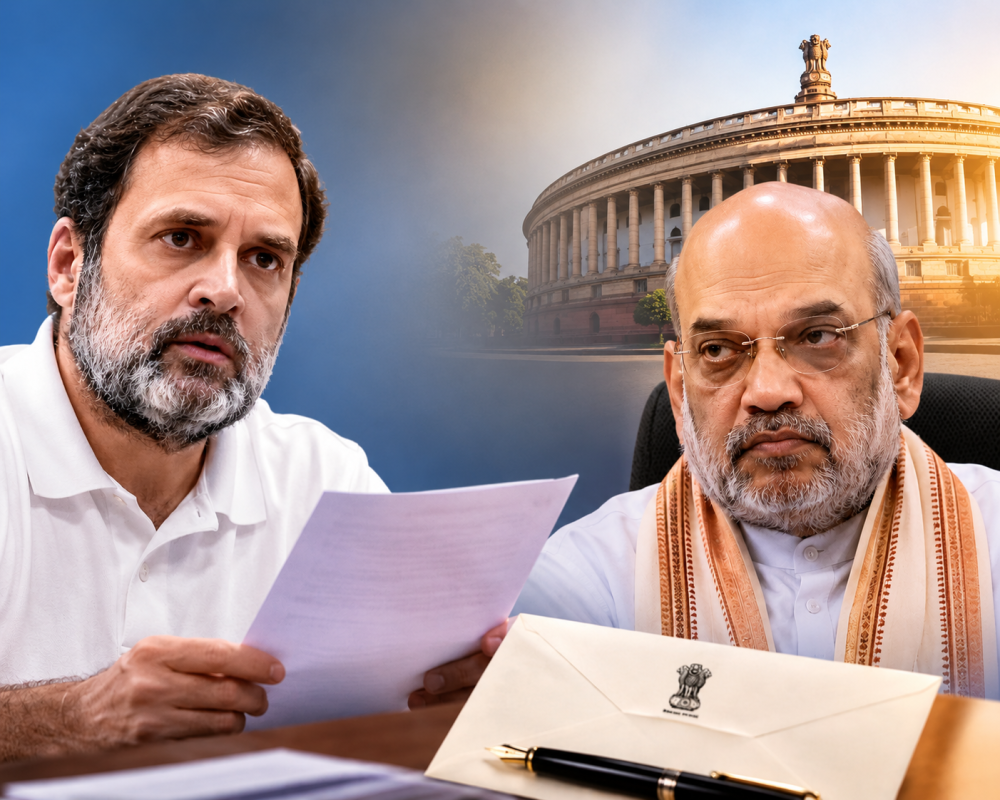 Rahul Gandhi writing a letter demanding accountability from Union Home Minister Amit Shah over the alleged assault on students during a Delhi protest.