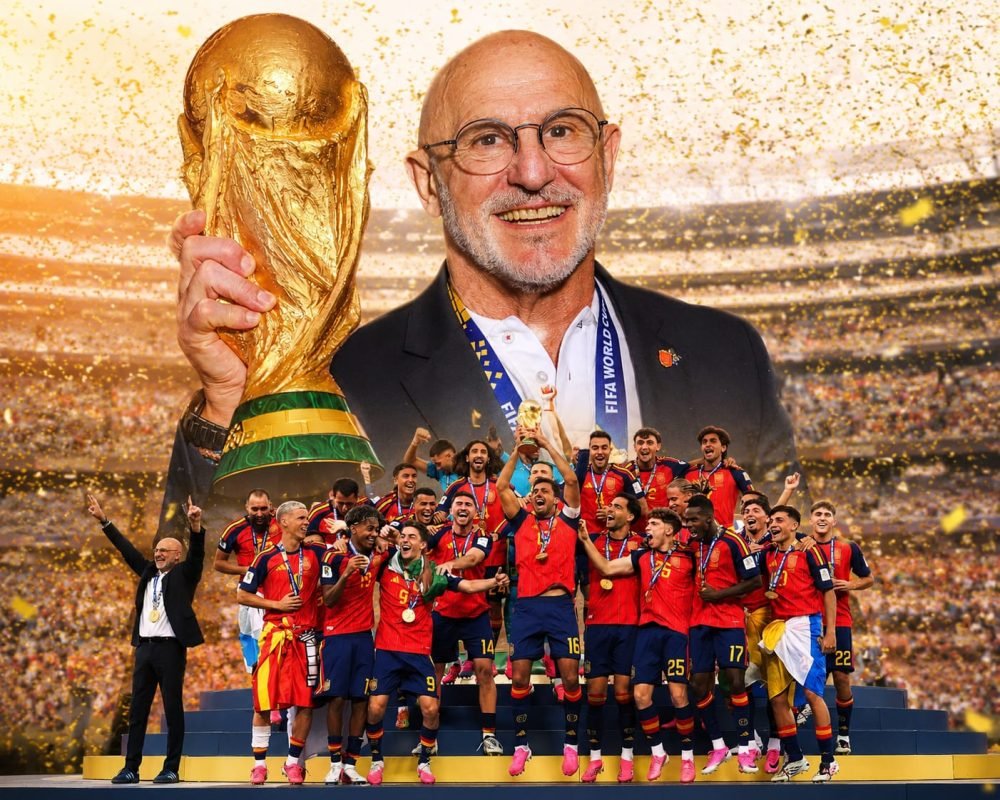 Spain head coach Luis de la Fuente celebrates after leading Spain to the FIFA World Cup title, praising his players as a golden generation and a united family.