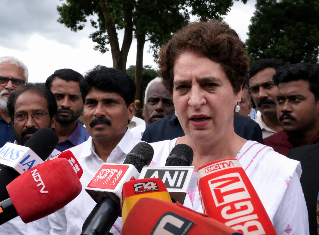 Congress MP Priyanka Gandhi Vadra addressing the media after reacting to Union Education Minister Dharmendra Pradhan's resignation.