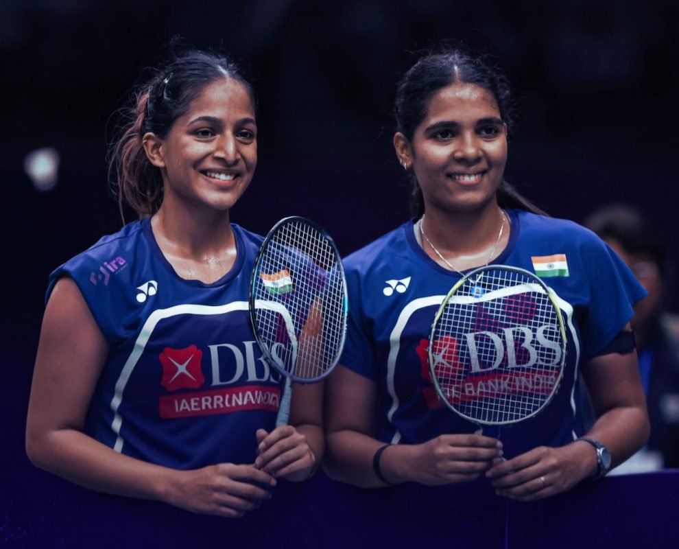 Treesa Jolly and Gayatri Gopichand celebrate after reaching the BWF World Championships semifinals