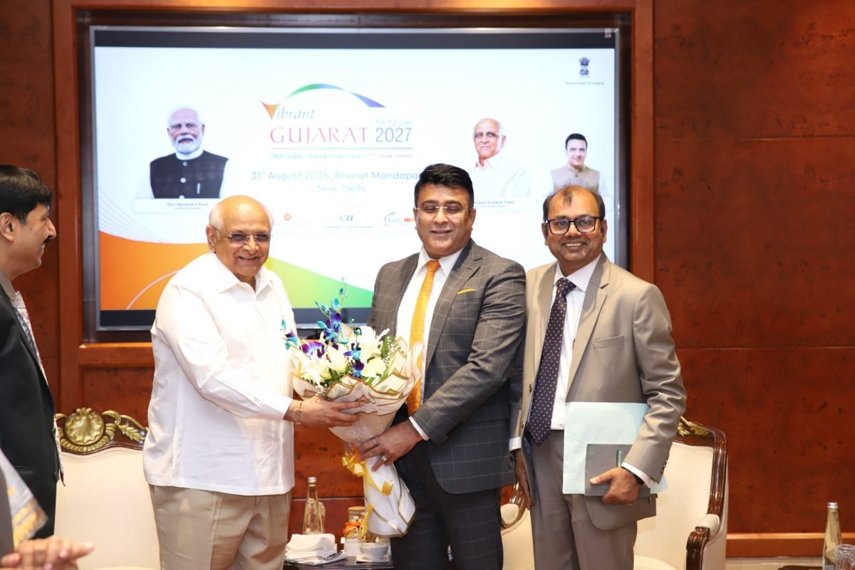 Gujarat CM Bhupendra Patel meets Schneider Electric India CEO Deepak Sharma at VGGS 2027 Curtain Raiser in New Delhi.