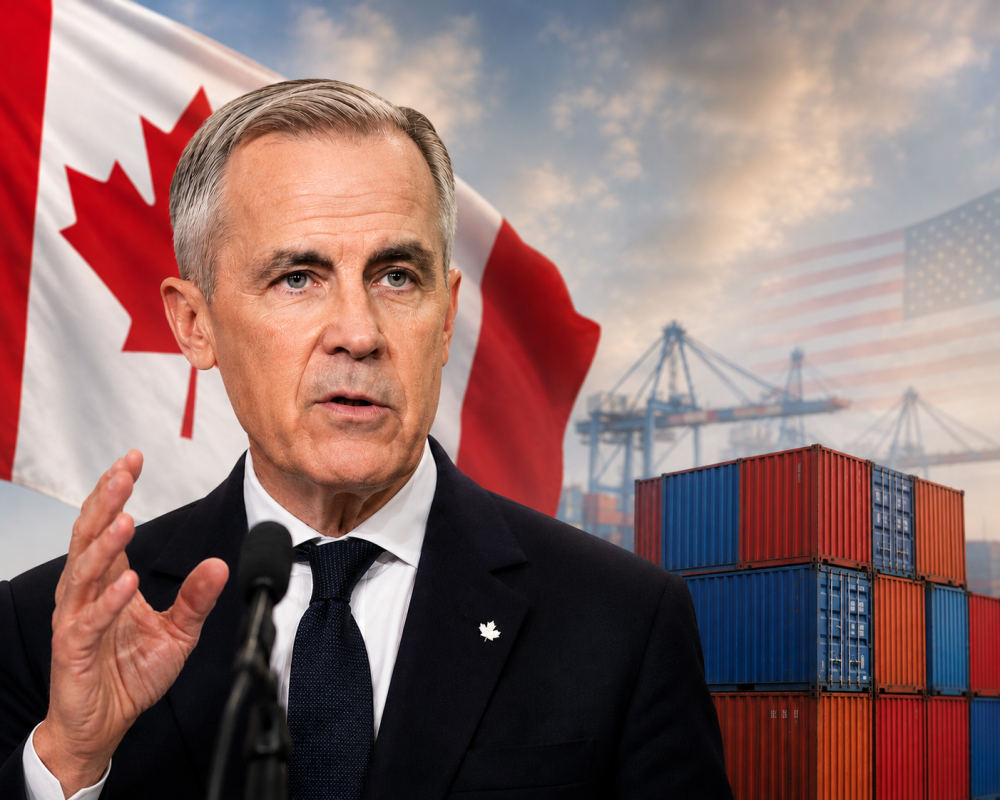 Canadian Prime Minister Mark Carney addressing Canada’s response to new U.S. tariffs
