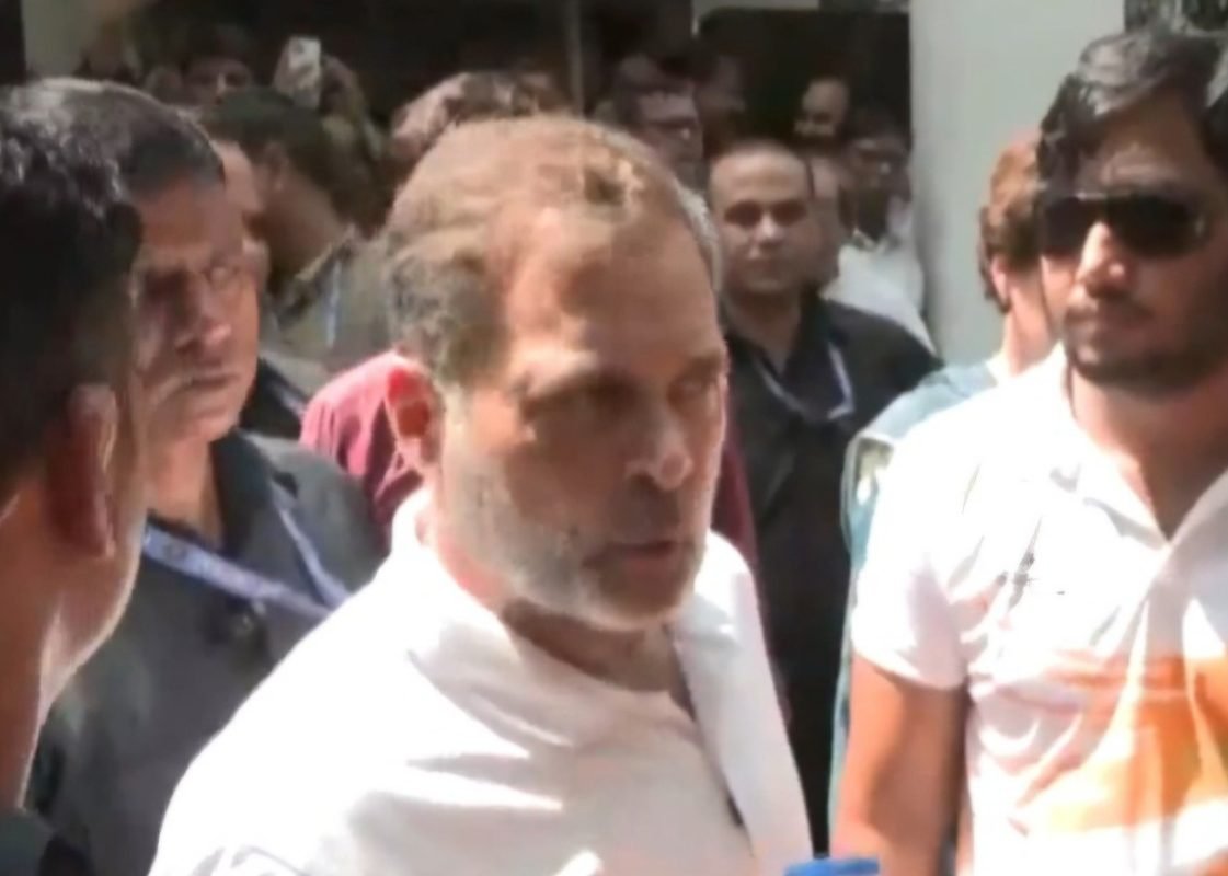 Rahul Gandhi speaks outside Parliament Street Police Station demanding an FIR over the alleged Connaught Place pellet gun incident.