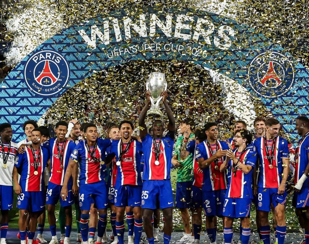 Paris Saint-Germain players celebrate after defeating Aston Villa 2-1 in the UEFA Super Cup at Red Bull Arena Salzburg