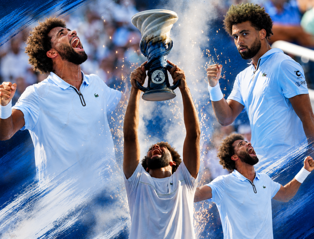 Arthur Fils celebrates after defeating Frances Tiafoe in the Cincinnati Open final