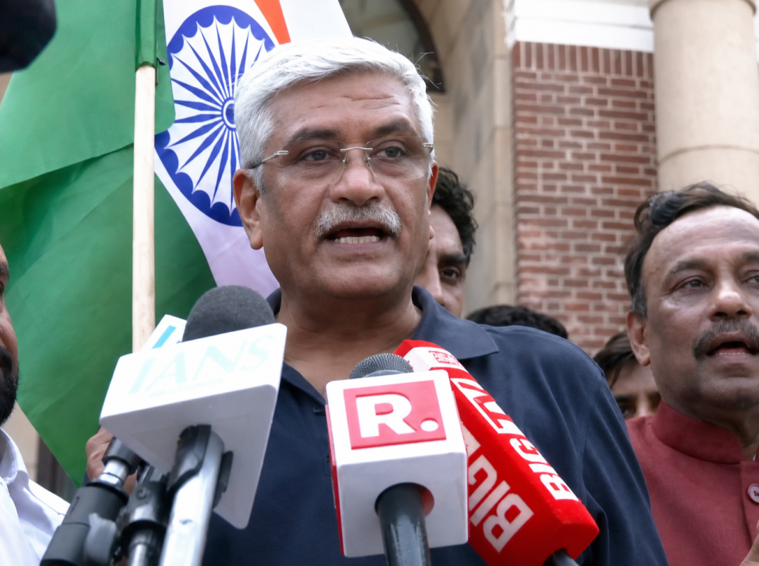 Union Minister Gajendra Singh Shekhawat addresses the NDA MPs' Tiranga bike rally marking 150 years of Vande Mataram.
