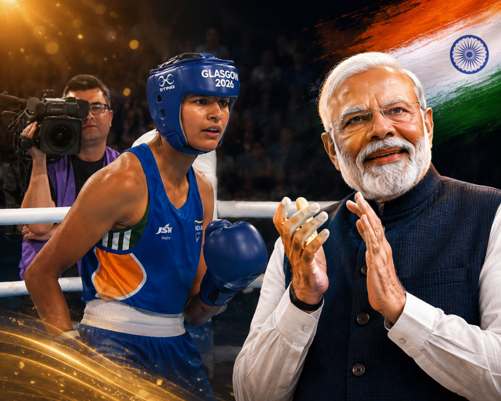 Prime Minister Narendra Modi congratulates Jaismine Lamboria after her Women's 57kg boxing gold medal victory at the Commonwealth Games 2026 in Glasgow.