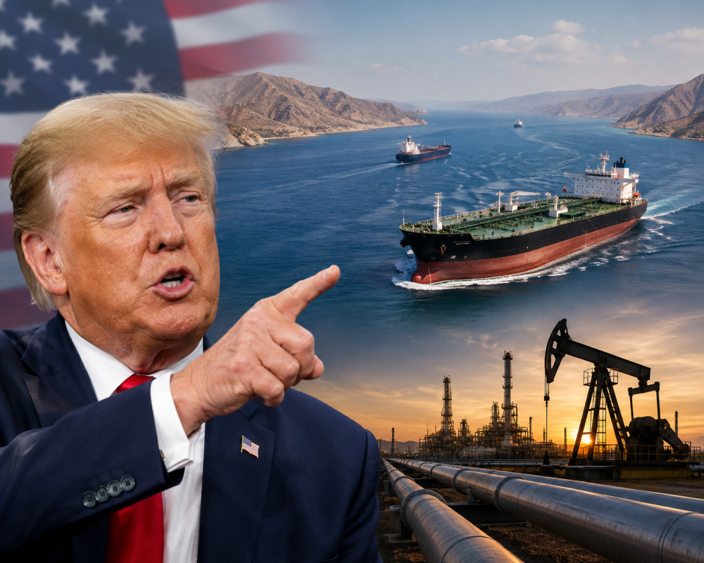 US President Donald Trump speaking about the Strait of Hormuz and US oil production