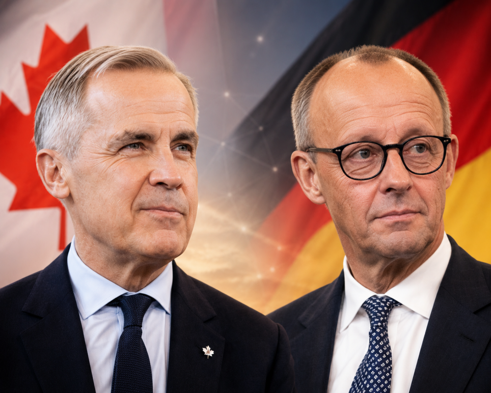Canadian Prime Minister Mark Carney and German Chancellor Friedrich Merz during discussions on bilateral cooperation