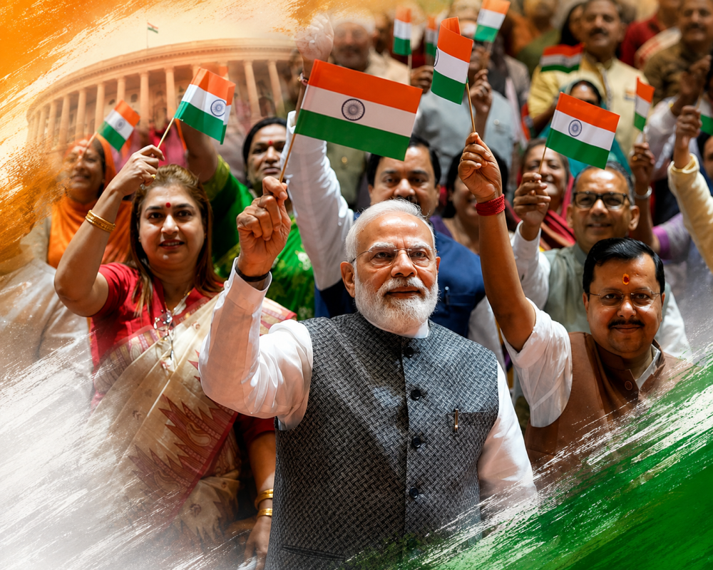 Prime Minister Narendra Modi and NDA leaders wave the National Tricolour during the Mangal Milan parliamentary meeting in New Delhi.