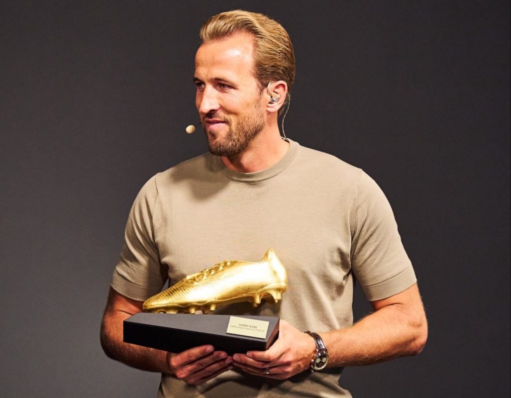 Harry Kane celebrates after winning the European Golden Shoe following a 73-goal season.