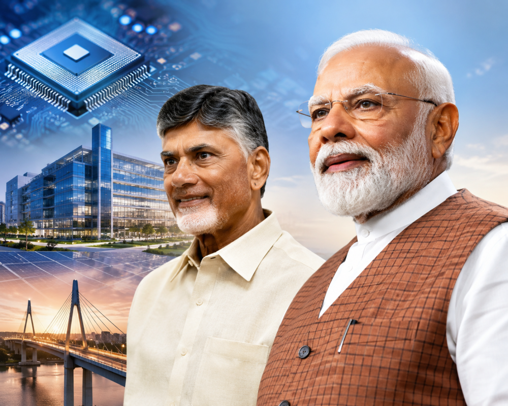 Prime Minister Narendra Modi praises Andhra Pradesh's progress under Chief Minister Chandrababu Naidu in semiconductors, IT and innovation.