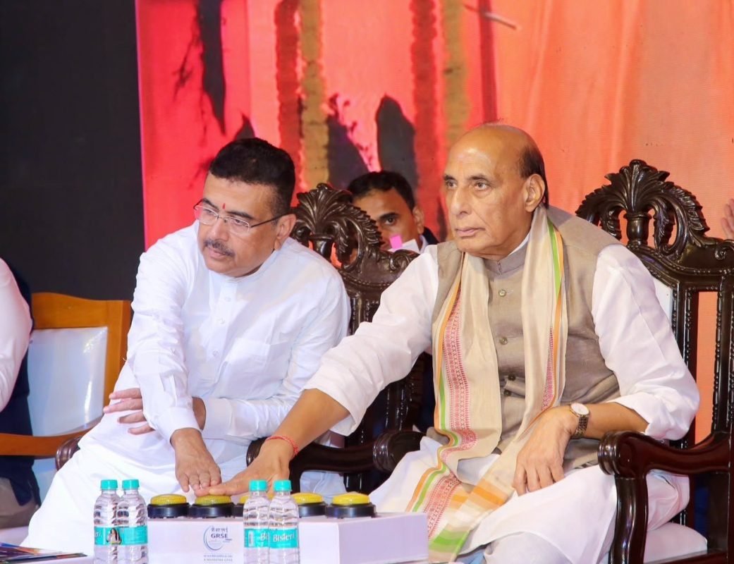 Rajnath Singh and Suvendu Adhikari during the virtual Bhumi Pujan for GRSE and YIL expansion projects in Kolkata