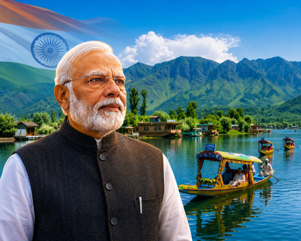 Prime Minister Narendra Modi addressing the nation while marking seven years since the abrogation of Articles 370 and 35A.