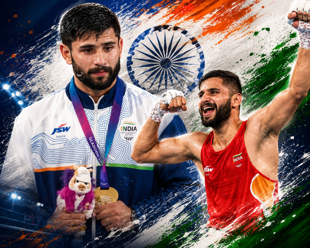 Indian boxer Sachin Siwach celebrates after winning the gold medal in the men's 60kg boxing final at the Commonwealth Games 2026 in Glasgow.
