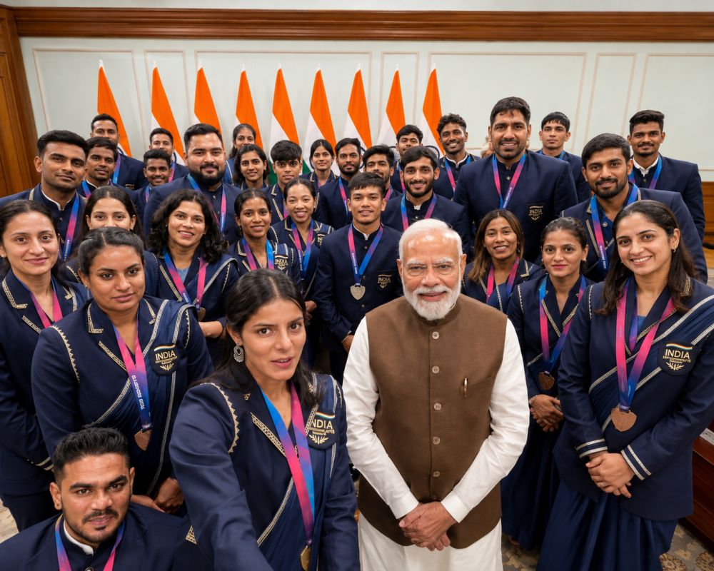 PM Modi with Indian athletes and Commonwealth Games 2026 medal winners at his official residence