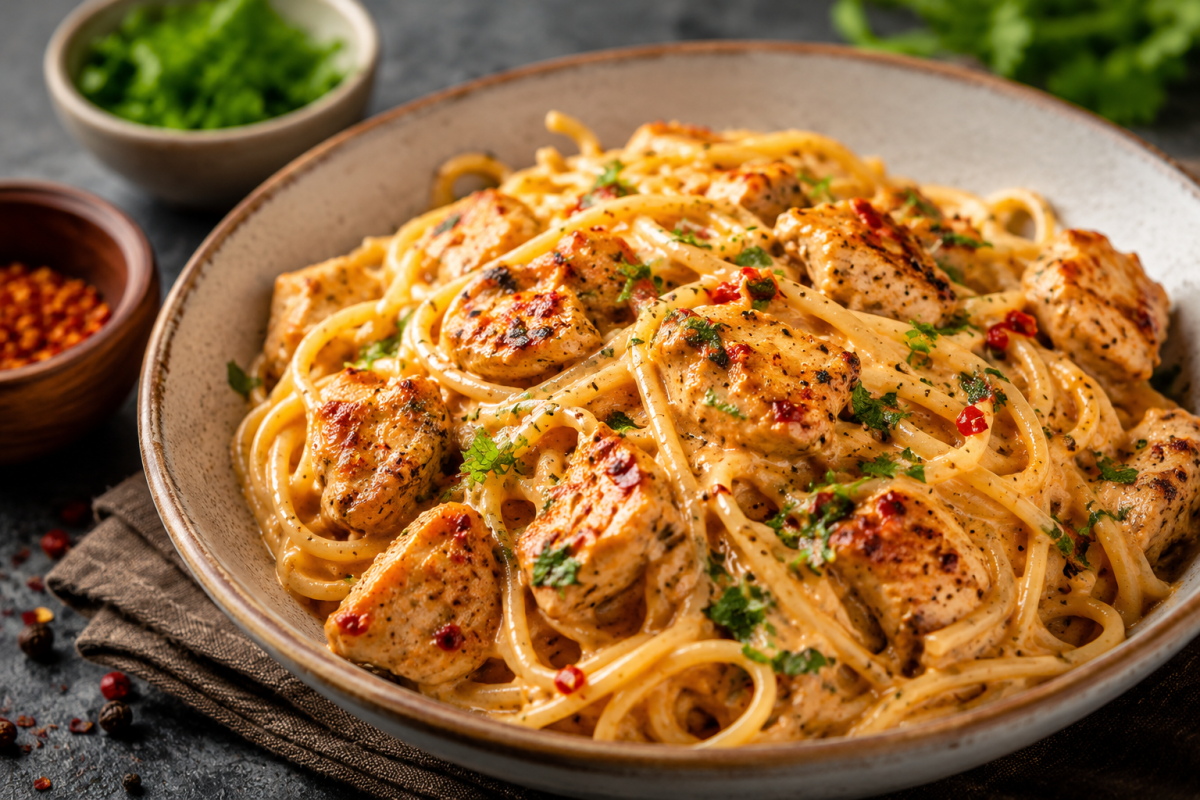 This spicy, creamy Japanese chicken pasta recipe packing 43g of protein, 447 calories will satisfy your cravings