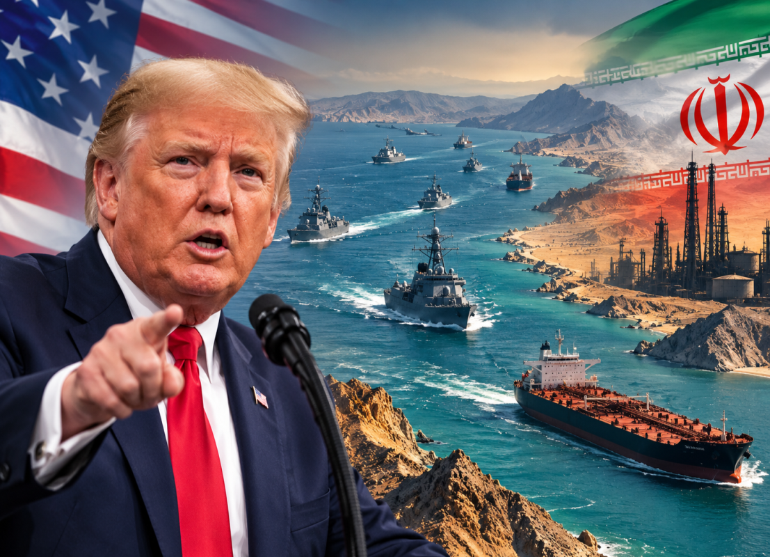 US President Donald Trump speaking about the Strait of Hormuz and US blockade measures against Iran.