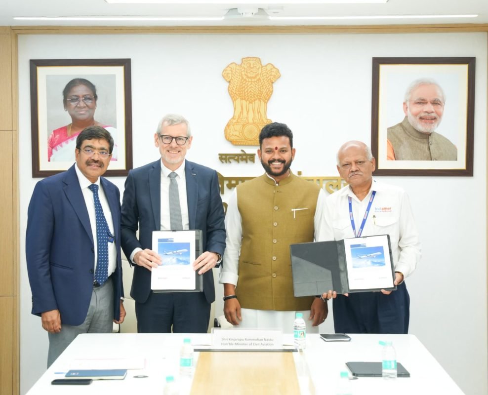 Civil Aviation Minister Ram Mohan Naidu witnesses Airbus-Indamer contract exchange for a new radome repair facility in Nagpur.