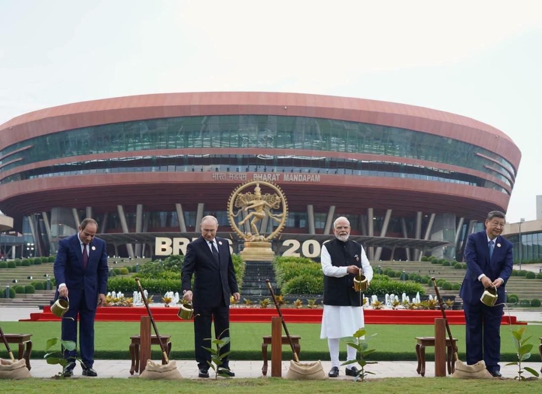 PM Narendra Modi and BRICS leaders planting Banyan saplings at the 18th BRICS Summit venue in New Delhi