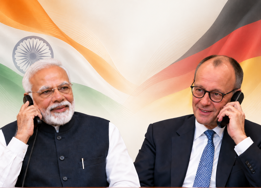 Prime Minister Narendra Modi speaks with German Chancellor Friedrich Merz during a conversation on strengthening India-Germany relations.