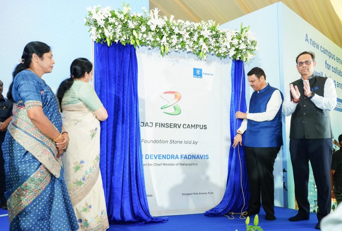 Devendra Fadnavis at the foundation stone ceremony of the Bajaj Finserv Campus in Pune