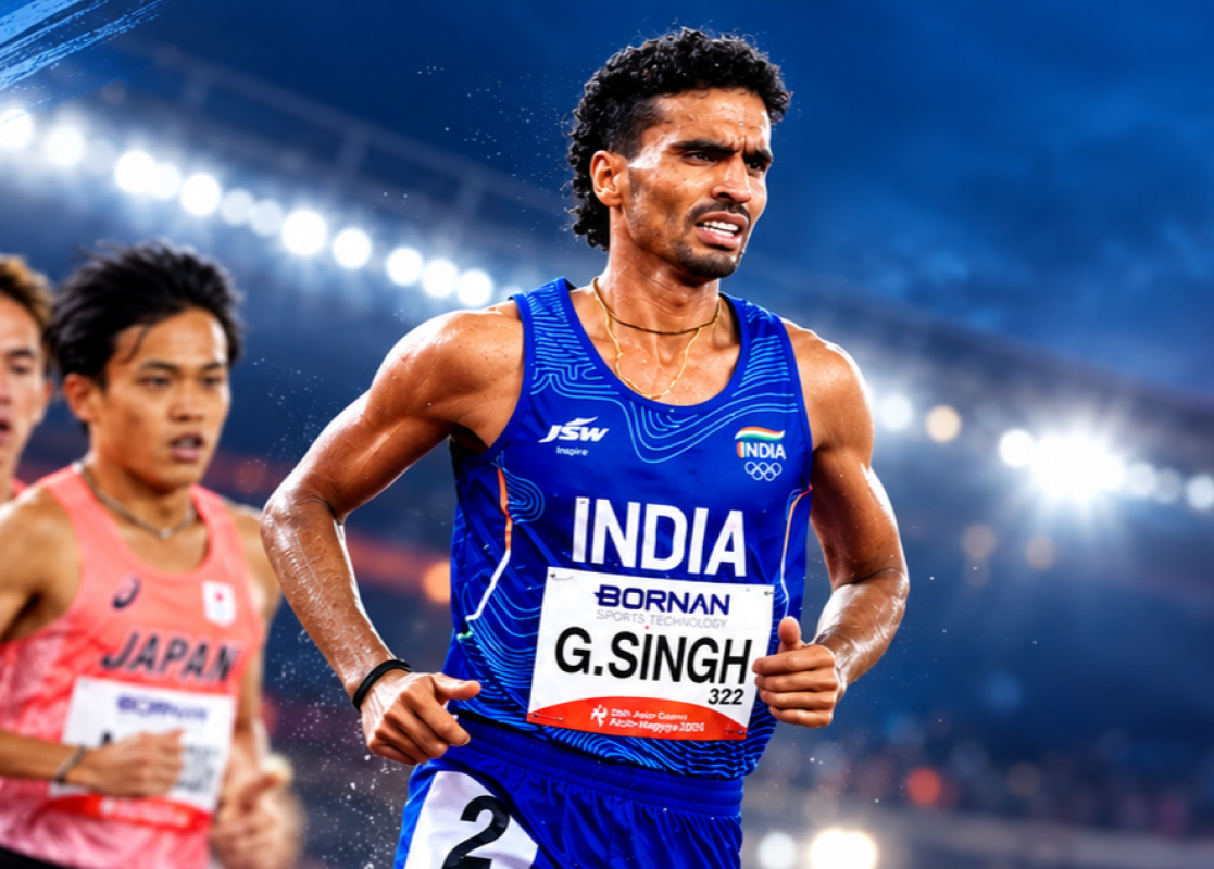 Gulveer Singh celebrates after winning the Men’s 5,000m Bronze medal at the Asian Games 2026