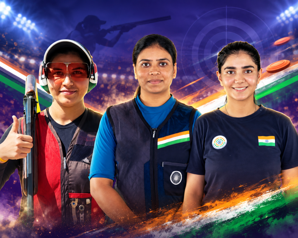 India’s Manisha Keer, Neeru Dhanda and Aashima Ahlawat celebrate their silver medal in the women’s trap team event at Asian Games 2026.