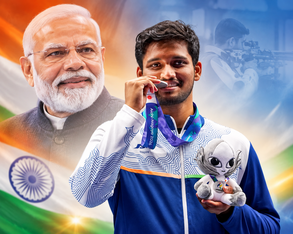 Rudrankksh Balasaheb Patil celebrates his Bronze Medal in the Men’s 10m Air Rifle event at the Asian Games 2026.
