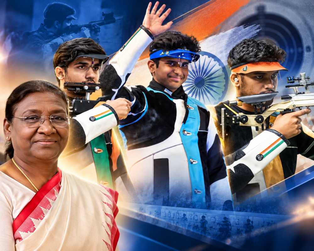 President Droupadi Murmu congratulates Rudrankksh Patil, Parth Mane and Himanshu Dhillon for their Asian Games 2026 10m Air Rifle team silver medal.