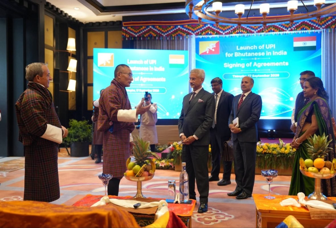 Dr S Jaishankar with Bhutan PM Tshering Tobgay and Foreign Minister D N Dhungyel at the launch of Phase-II UPI connectivity