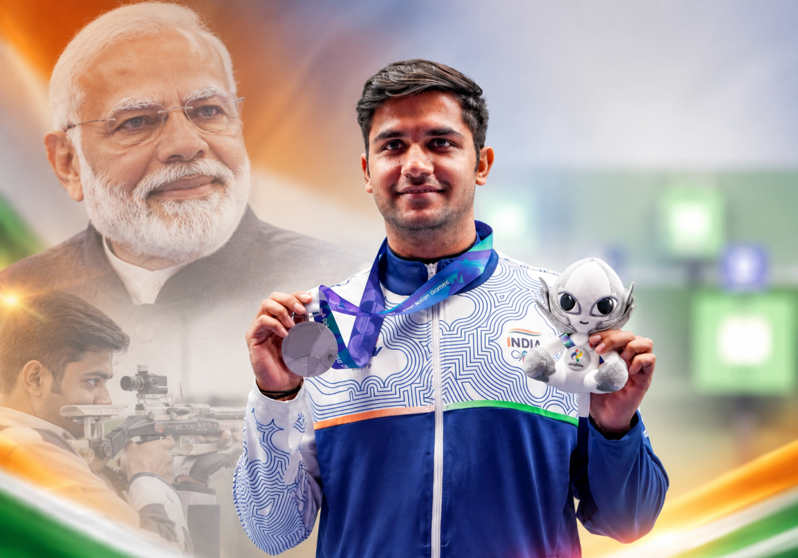 Himanshu Dhillon celebrates winning the Silver Medal in the Men’s 10m Air Rifle event at the Asian Games 2026.