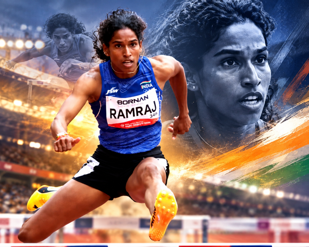 Vithya Ramraj celebrates after winning bronze and breaking P.T. Usha’s 400m hurdles national record at the 2026 Asian Games.