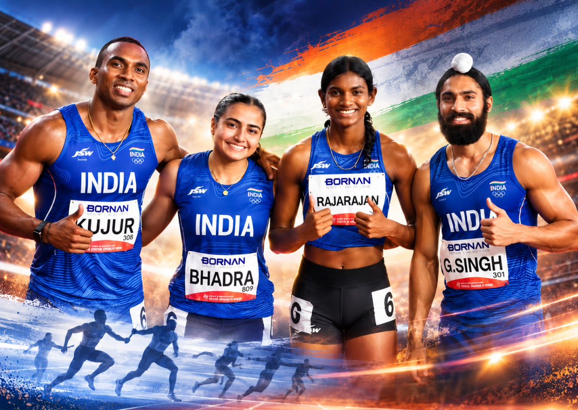 India’s Mixed 4×100m relay quartet celebrates after winning bronze and setting a national record at the 2026 Asian Games.