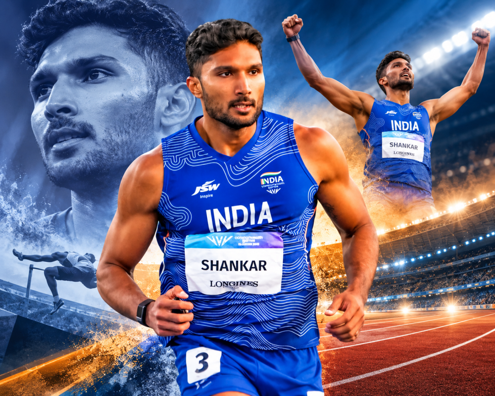 Tejaswin Shankar celebrates after winning bronze in the men’s decathlon at Asian Games 2026.