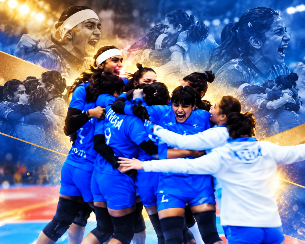 Indian women’s kabaddi team celebrates after winning gold against Iran at the Asian Games 2026.