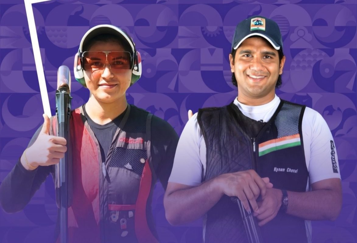 Neeru Dhanda and Kynan Chenai celebrate after winning Trap Mixed Team gold for India at the Asian Games 2026.