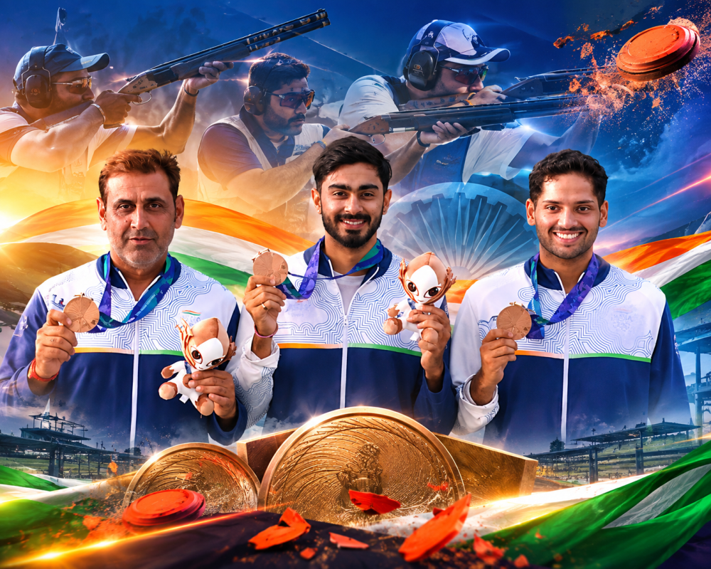 Anantjeet Singh Naruka, Mairaj Ahmad Khan and Bhavtegh Singh Gill celebrate India’s bronze medal in men’s skeet at Asian Games 2026